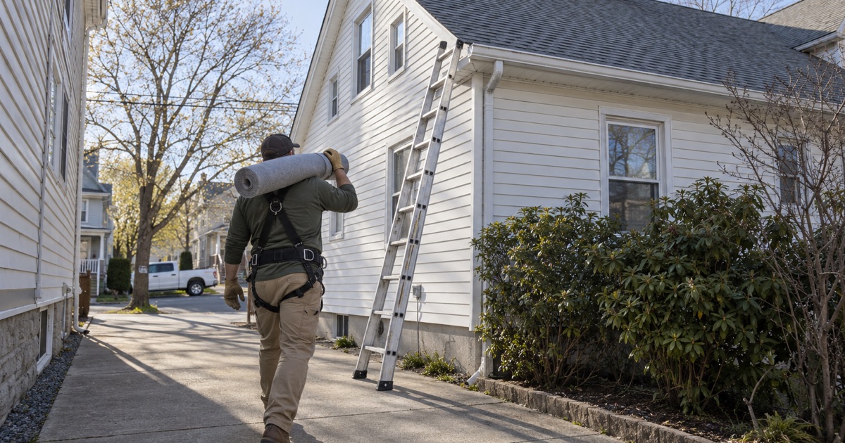 A roofer carrying a roll of underlayment up the driveway of a Perth Amboy house at the start of a roofing day.