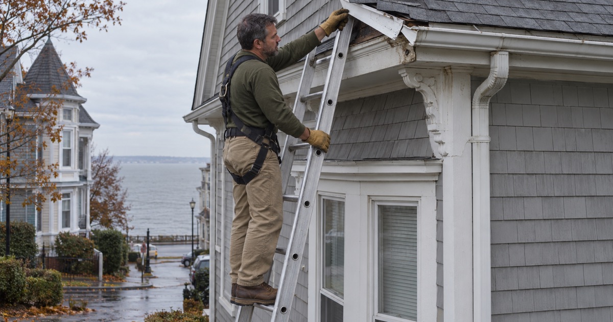 Wind-peeled drip edge and gutter at the corner of a Perth Amboy house on the bluff above Raritan Bay after a coastal storm.