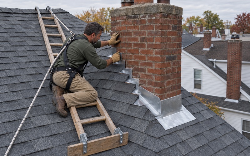 New counter flashing let into the mortar joints of a brick chimney on a Perth Amboy two-family roof.
