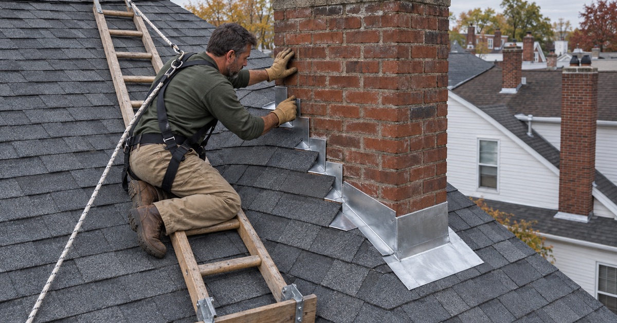 New counter flashing let into the mortar joints of a brick chimney on a Perth Amboy two-family roof.