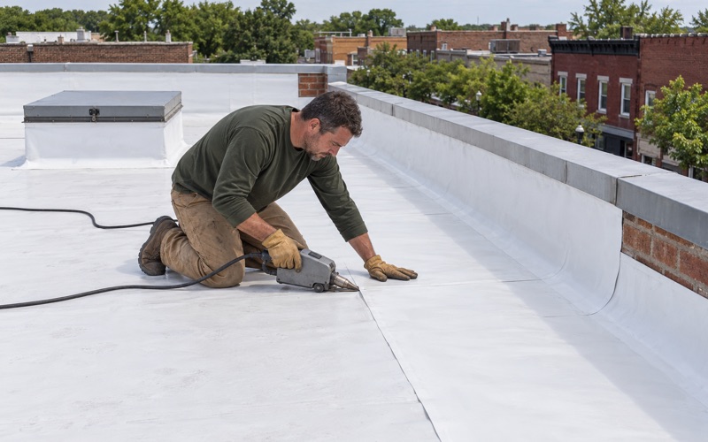 A hot-air welder sealing a seam on a new white membrane roof over a brick commercial building in Perth Amboy.