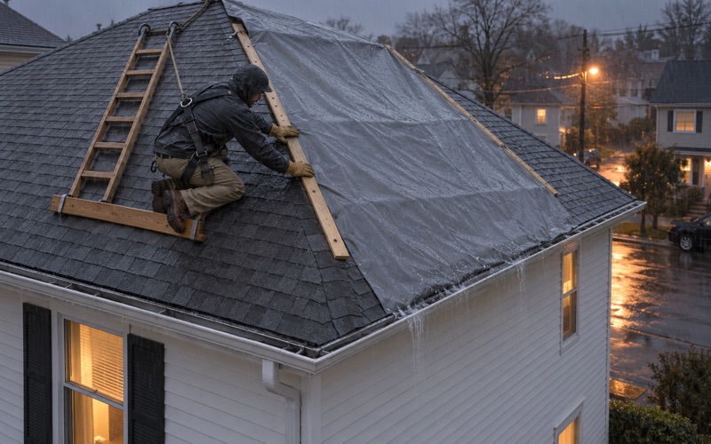 A heavy tarp battened down over a damaged hip roof on a Perth Amboy house in the rain.