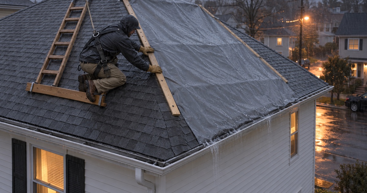 A heavy tarp battened down over a damaged hip roof on a Perth Amboy house in the rain.