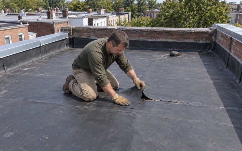 A rubber patch pressed over a split seam on the flat roof of a brick row house in Perth Amboy.