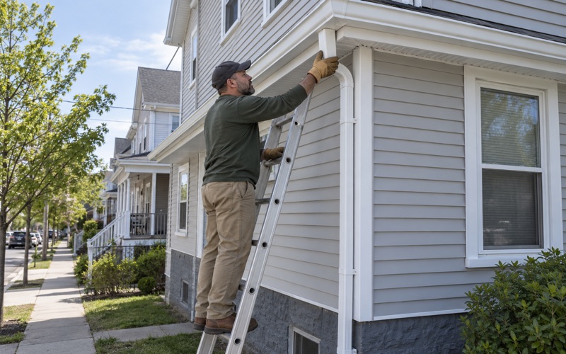 A roofer fitting a downspout elbow to a new seamless gutter on a Perth Amboy two-family house.
