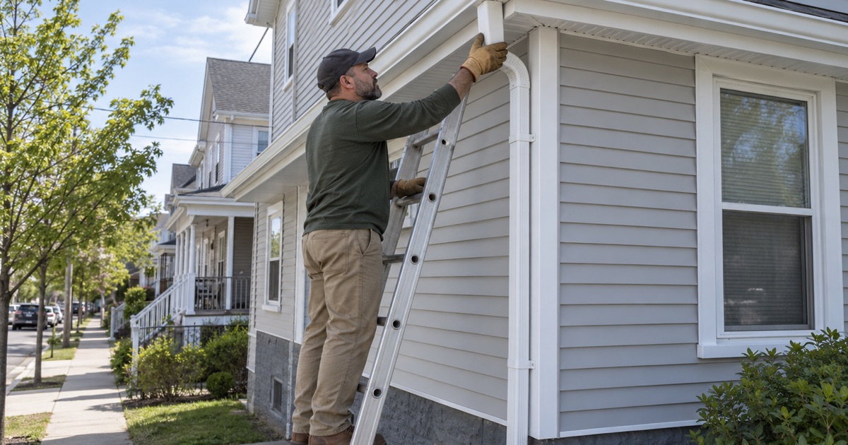 A roofer fitting a downspout elbow to a new seamless gutter on a Perth Amboy two-family house.