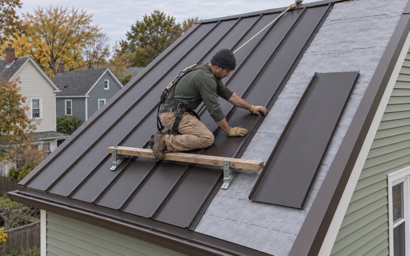 Dark bronze standing-seam metal panels going onto the main roof of a detached house in Perth Amboy.