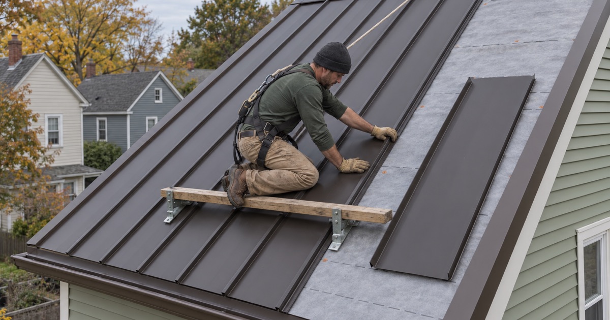Dark bronze standing-seam metal panels going onto the main roof of a detached house in Perth Amboy.