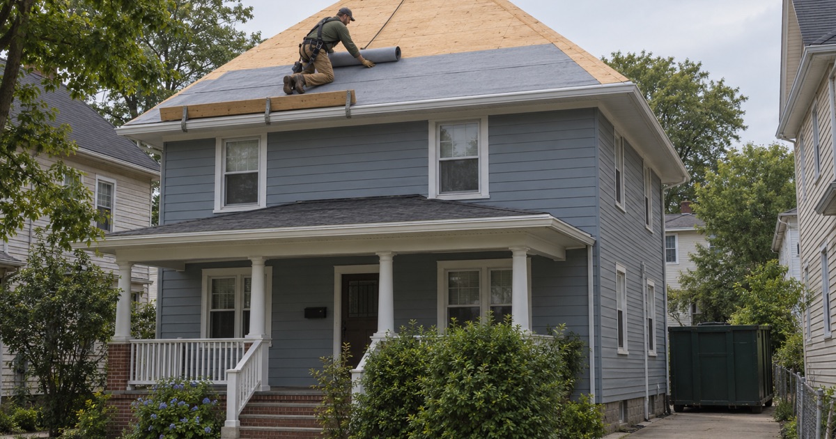 Synthetic underlayment rolled across a new plywood deck during a full roof replacement on a detached Perth Amboy foursquare.