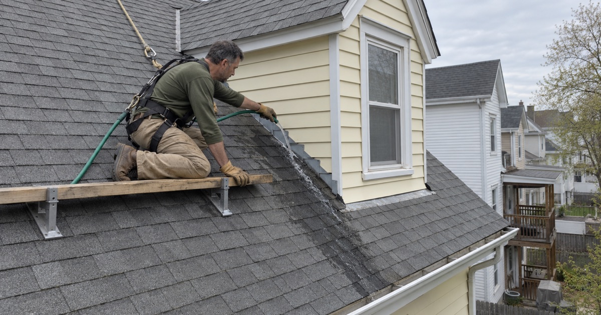 A roofer running a garden hose over the flashing beside a dormer to trace a roof leak on a Perth Amboy house.