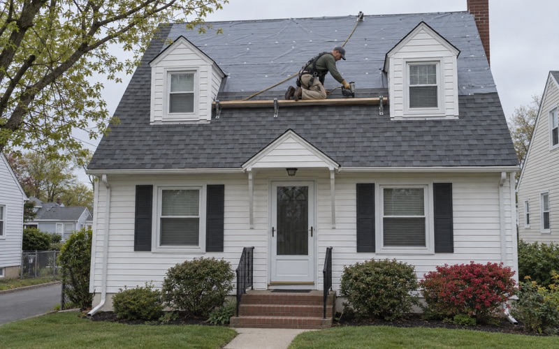 New architectural shingles nailed over fresh underlayment during a roof replacement on a Perth Amboy Cape Cod.
