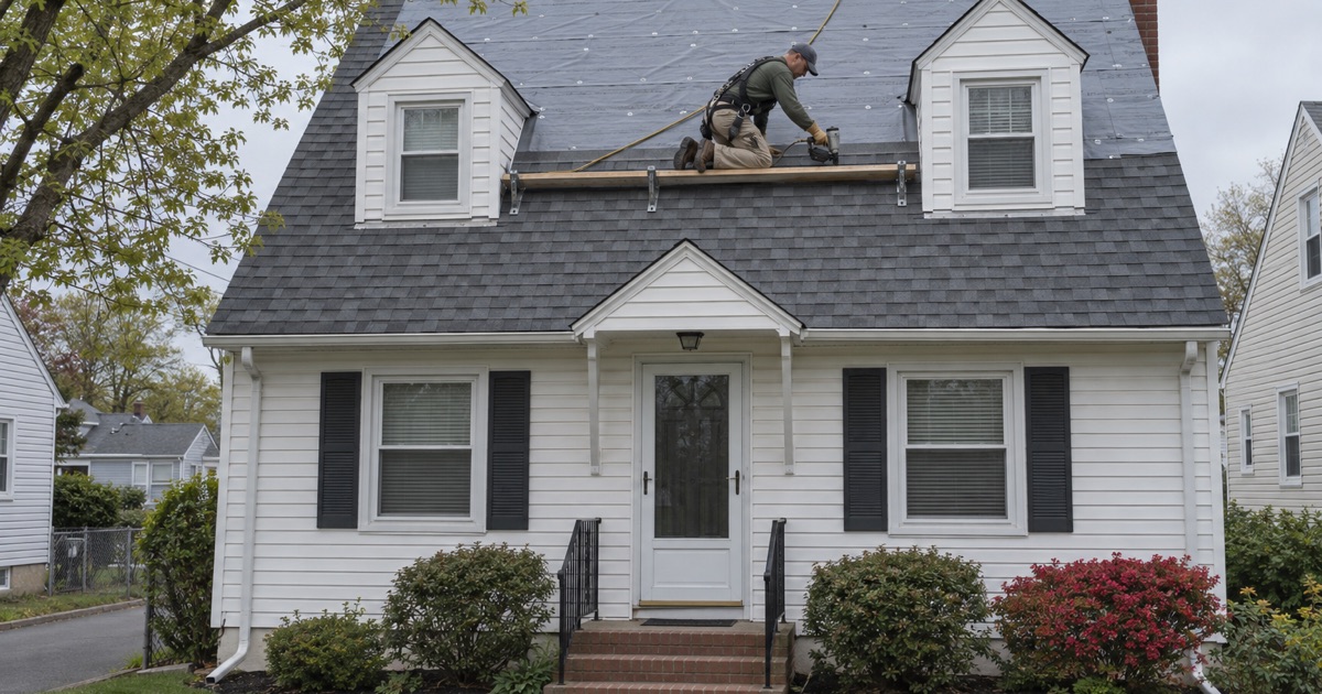 New architectural shingles nailed over fresh underlayment during a roof replacement on a Perth Amboy Cape Cod.