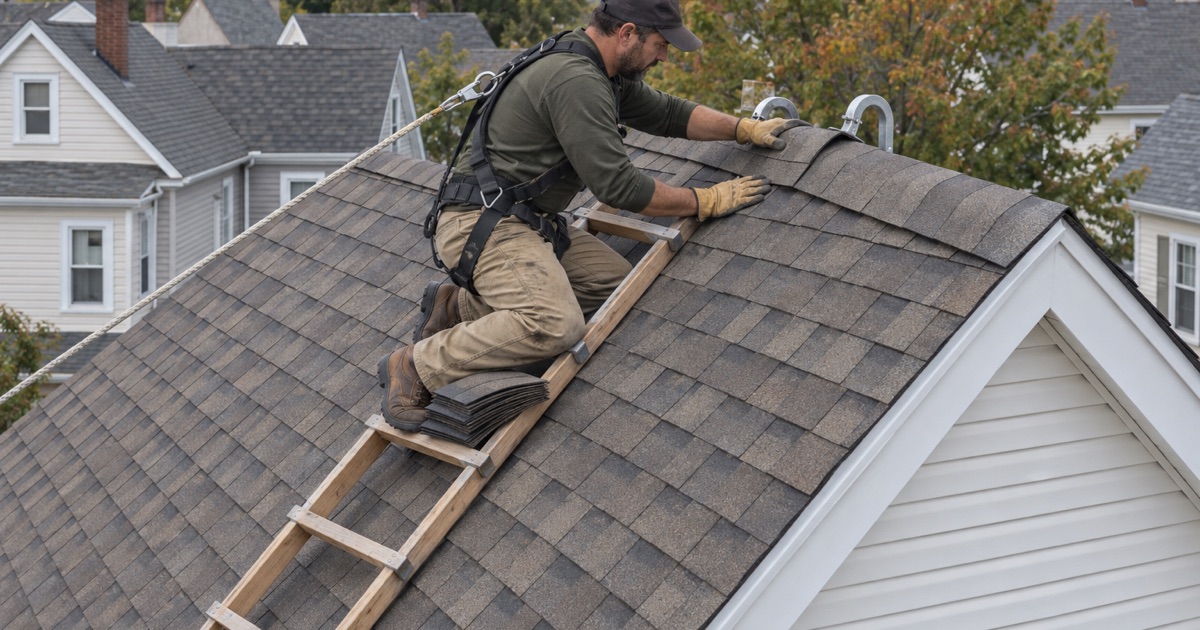 A roofer closing the ridge of a new shingle roof on a detached frame house on a Perth Amboy side street.