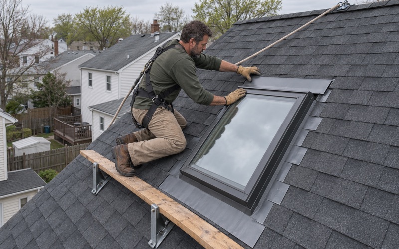 A new curb-mounted skylight being flashed into the rear slope of a Perth Amboy house.