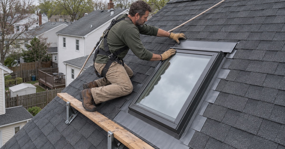 A new curb-mounted skylight being flashed into the rear slope of a Perth Amboy house.