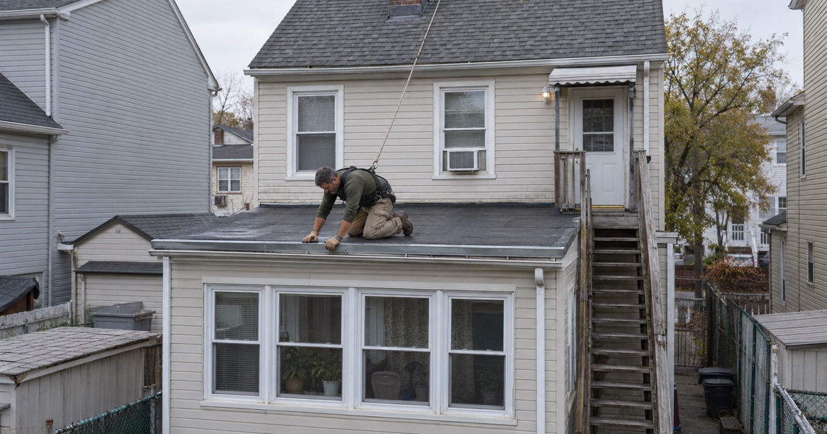 A roofer refastening the metal edge of the flat roof over the back porches of a Perth Amboy two-family house.